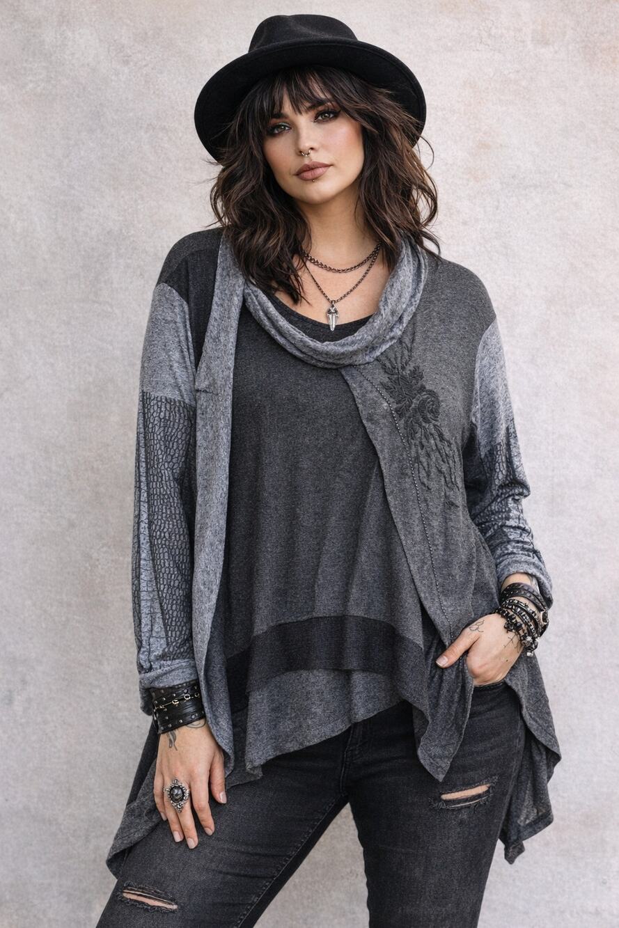 Angels Never Die Tunic Top Womens XXL Gray Asymmetrical Cowl Neck Boho Artsy